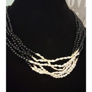 Vintage multistrand baroque pearl black glass bead necklace with 14k gold clasp